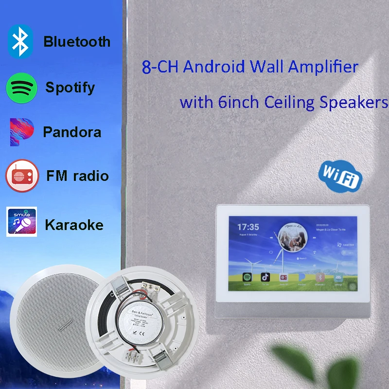 Android Bluetooth wall Amplifier with USB,TF,FM radio, Wireless WiFi Network Home Theatre with 6 inch ceiling speakers