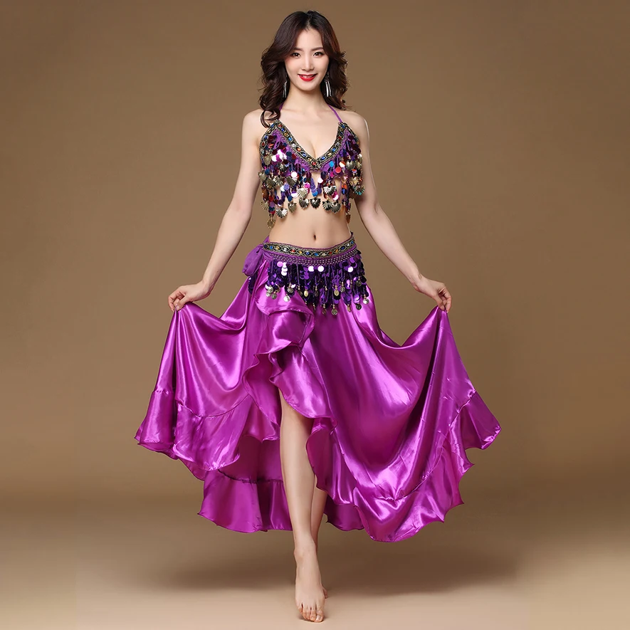 

Halloween Gilrs Belly Dance Costume Party Cosplay Sequins Halter Top Coins Belt Outfits India Dancer 3PCS Set Bra Belt Skirt