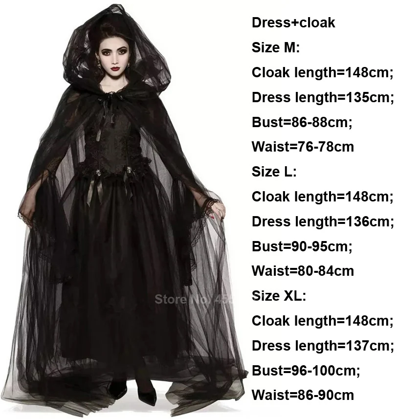 Scary Halloween Costumes for Women Ghost Bride Costume Black Dress Cloak Set Gothic Medieval Dress Vampire Devil Horror Suit