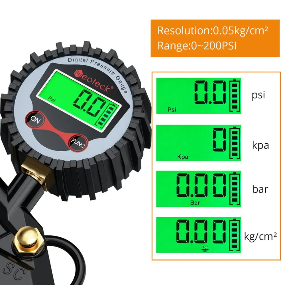 Imagem -02 - Neoteck-digital Carro Pneu Inflator Medidor de Pressão do ar Display Lcd Led Backlight Veículo Tester Inflação Monitoramento Manometro ue
