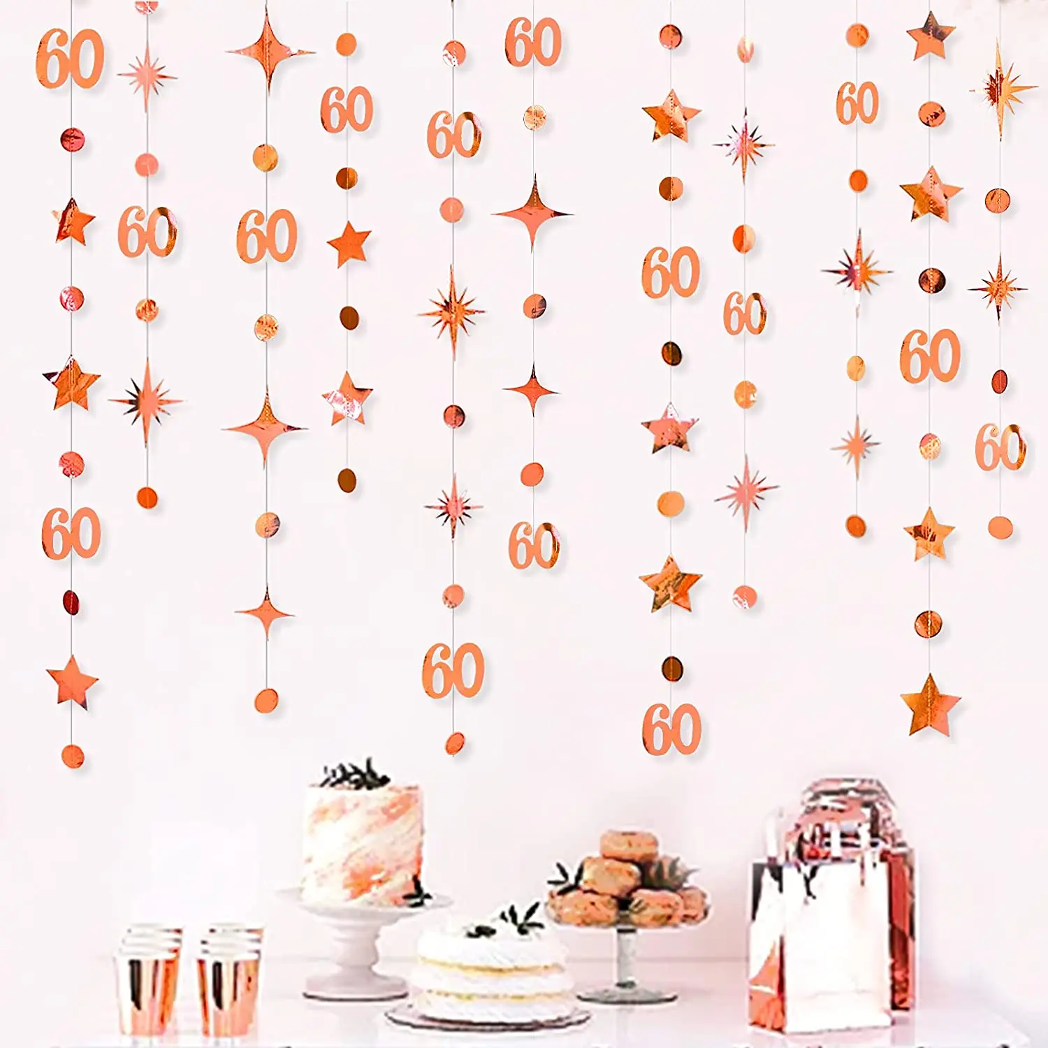 Rose Gold 60th Happy Birthday Banners Decor Number 60 Circle Dot Star Garland Hanging Streamers Anniversary Sixty Party Supplies