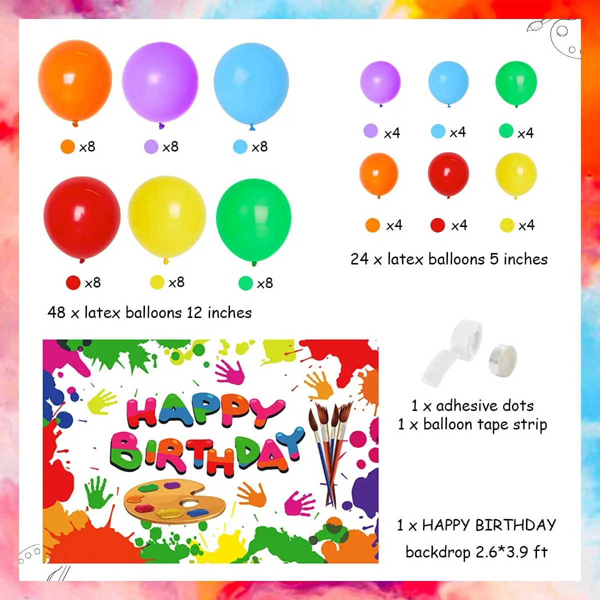 Art Paint Birthday Party Decorations Rainbow Balloon Garland Arch Kit Backdrop for Girl Boys Art Theme Birthday Party Supplies