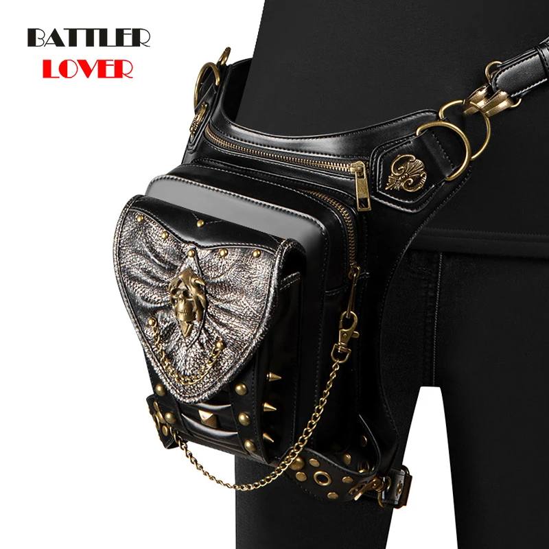 Retro Steampunk Waistbag For Women Leather Punk Rock Gothic Motor Biker Purse Ladies Cosplay Stage Party Show Men Travel Leg Bag