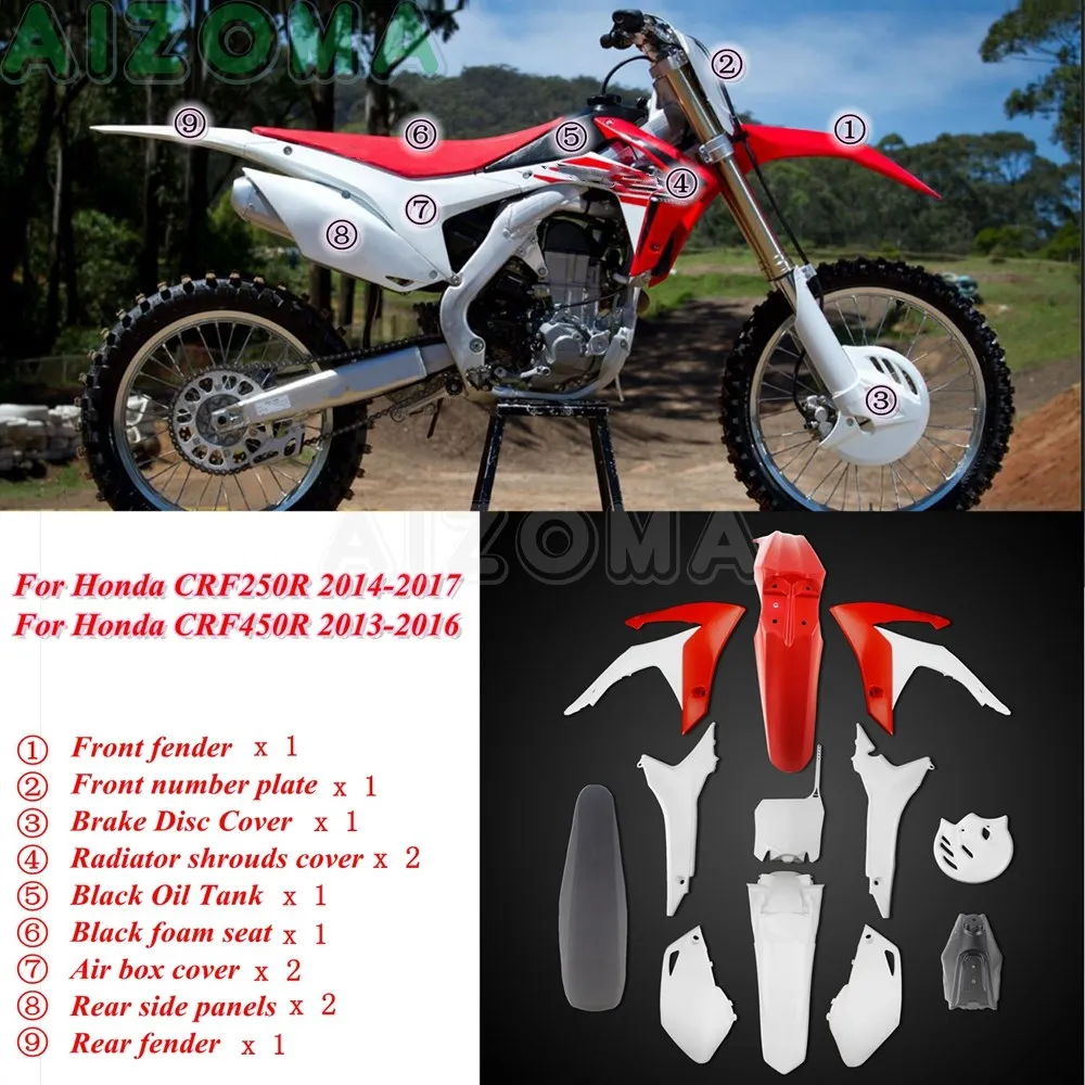 For Honda CRF 250/450 R Motocross Front & Rear Fender Full Fairing Cover Side Case Kit Plastic Oil Fuel Tanks w/ Foam Seat Guard