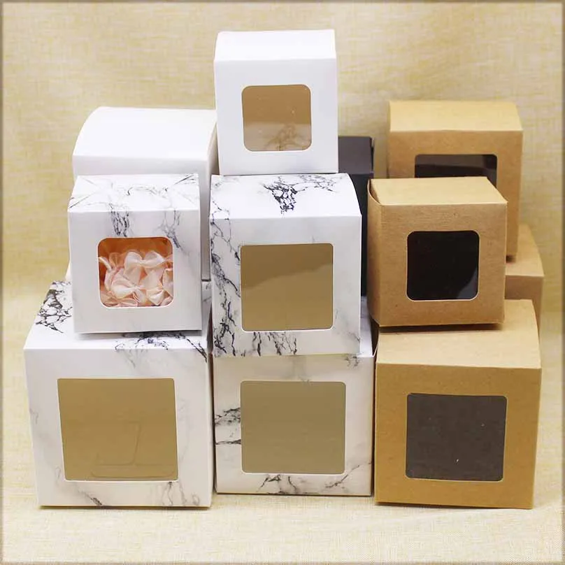Caja de regalo de forma cuadrada con ventana, paquete de regalos de estilo veteado, galletas para pasteles, paquete de suministros para fiesta en casa y boda, 10 Uds.