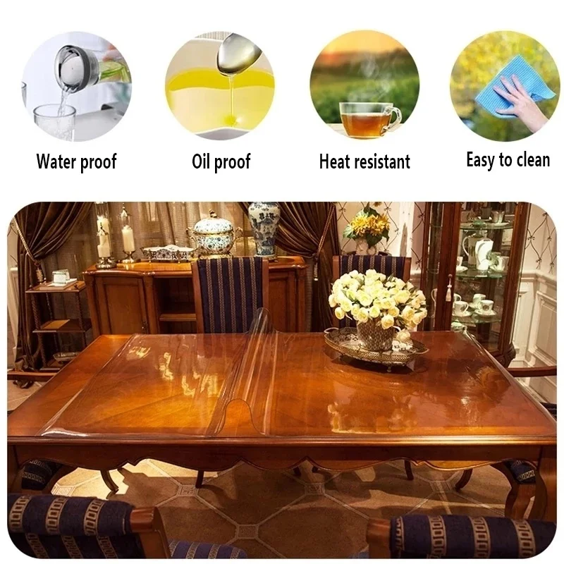 Soft Glass Tablecloth Transparent PVC Table Cloth Waterproof Oil Proof Kitchen Dining Rectangular Table Cover Matte Clear 1.0mm