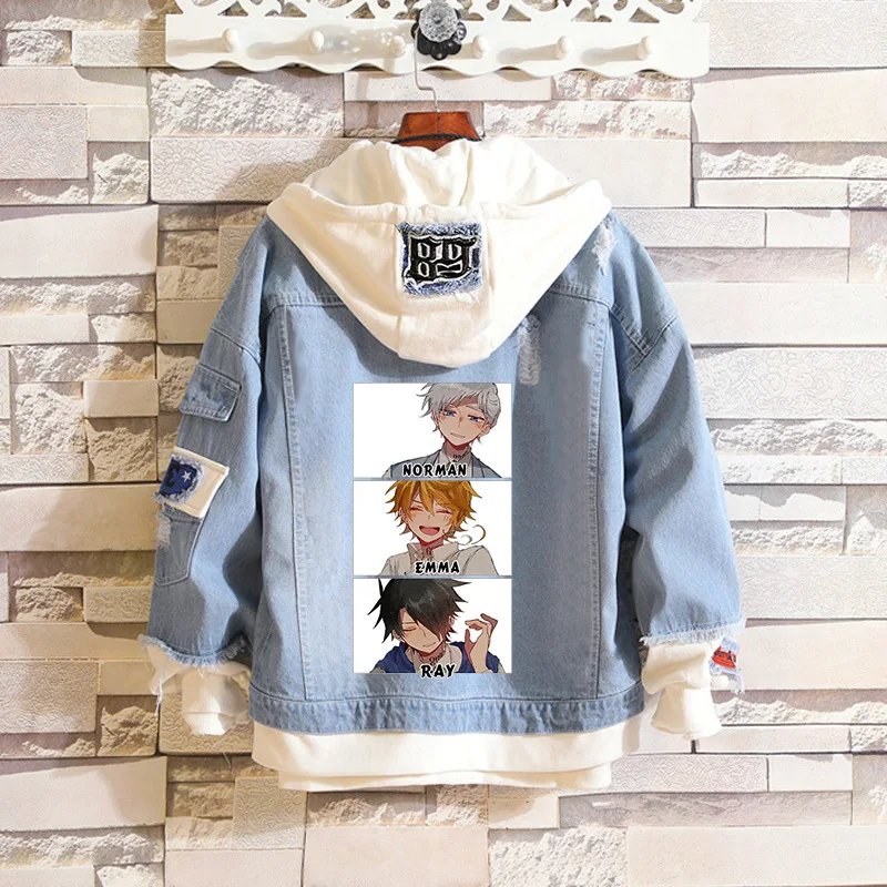 

AnimeThe Promised Neverland Fake 2 Pieces Jacket Cosplay Casual Denim Jacket Autumn Hooded Sweatshirt Unisex Outwear Coat