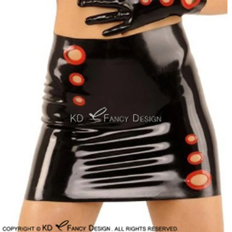 Black And Red Dot Trims Sexy Mini Latex Skirts With Zipper At Back Rubber Bottoms DQ-0036