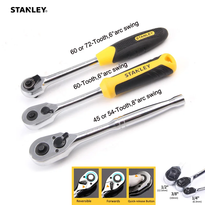 

Stanley 1pcs Professional 1/4 3/8 1/2 Ratchet Wrench Spanner Mechanical Workshop Tools Wrenches for Socket Garage Auto Bicycle