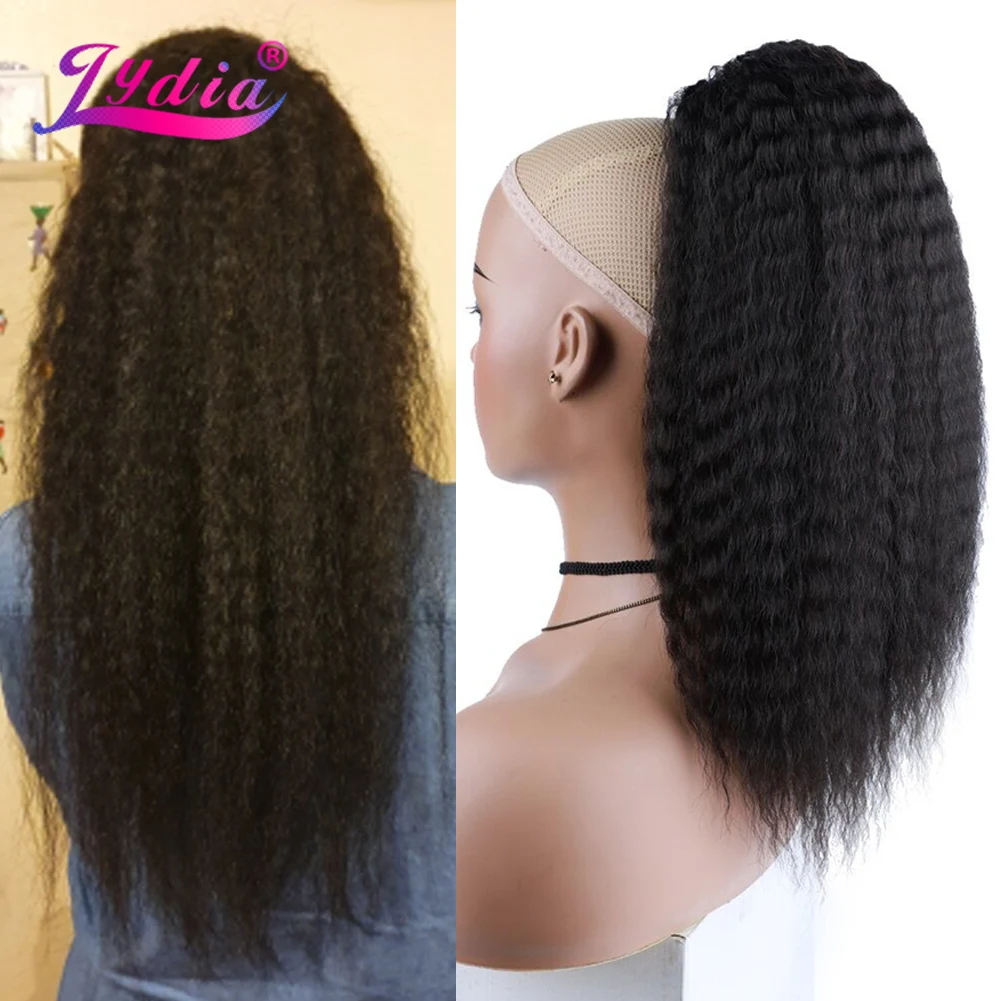 Lydia Tail Warping Synthetic 30"Kinky Straight Long Haarteil mit zwei Kunststoffkämmen Kordelzug Pferdeschwanz Haarverlängerung 1B # Schwarz – Detail 2