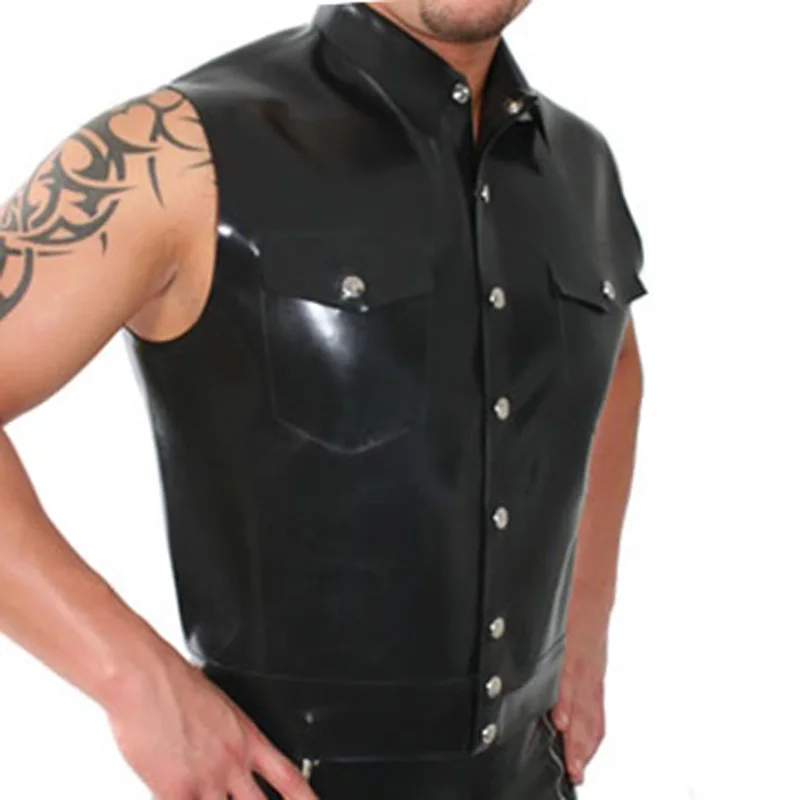 Black 1.0 MM Sexy Latex Vest With Pockets Buttons At Front Sleeveless Turn Down Collar Rubber Shirt Tank Top Clothes YF-0260