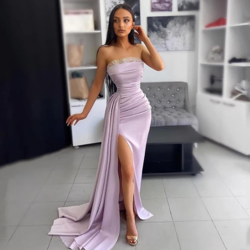 Thinyfull Sexy Avondjurken Strapless Satin Hoge Split Prom Jurk Lavendel Party Cocktail Jurken Saudi Arabië Dubai Plus Size