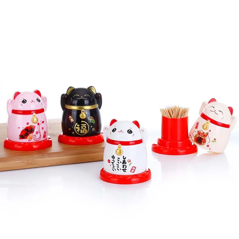 Japanese Cute Cartoon Fortune Cat Toothpick Case Lucky Animal Cat Toothpick Holder Home Table Decoration Storage Box Dispenser