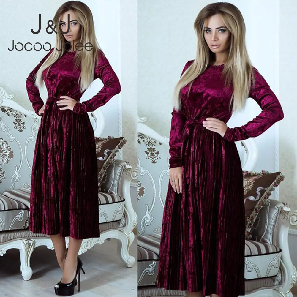 Jocoo Jolee Women Elegant Long Sleeve O Neck Velvet Long Dress Vintage Solid Pleated Dress Casual Belt Bodycon Midi Dress Robe