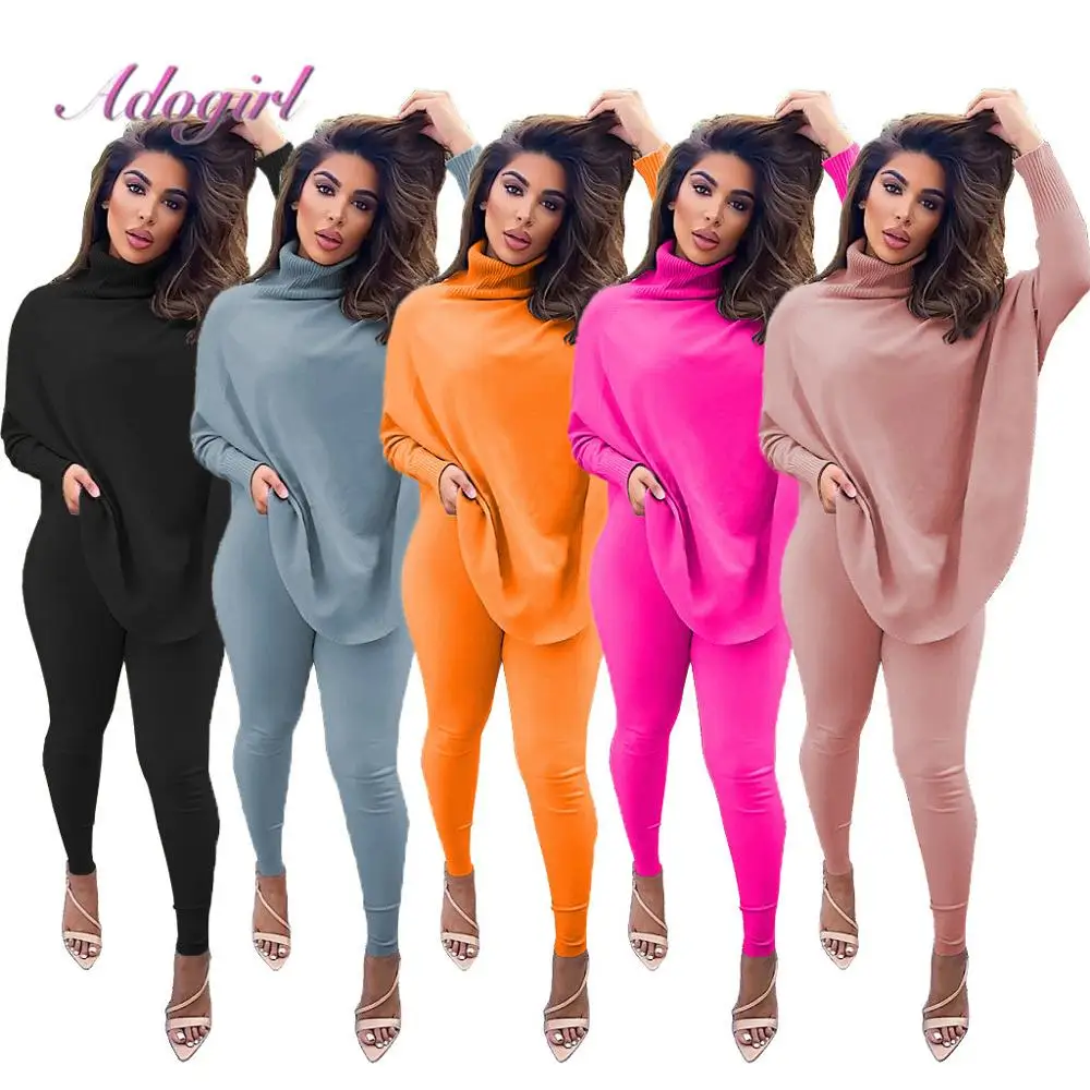 Solid Two Piece Sets Casual Long Bat Sleeve Turtleneck Loose Sweatshirt Leggings Pant Suit Active Tracksuit Joggers Matching Set