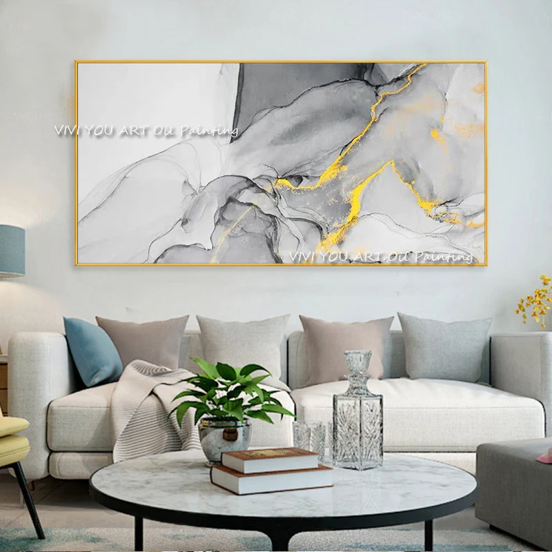 The High Quality Gray Yellow Handmade Modern Abstract Thick Oil Painting Corridor Knife Graph Wall Art Decor for Living Room