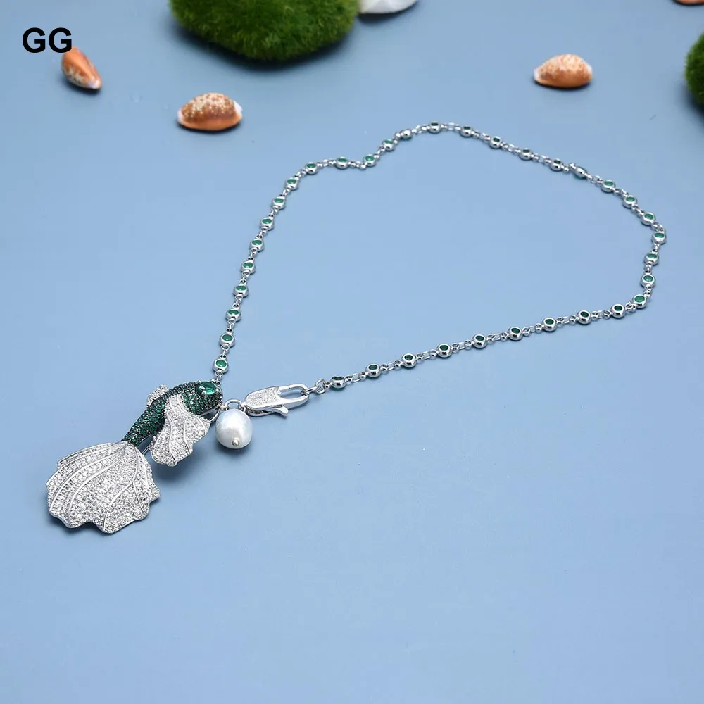 Imagem -06 - Gg-colar de Pérolas Keshi Branco Natural para Mulheres Pingente de Zircônia Verde Corrente de Peixe Micro cz Pave Broche Pingente para Meninas