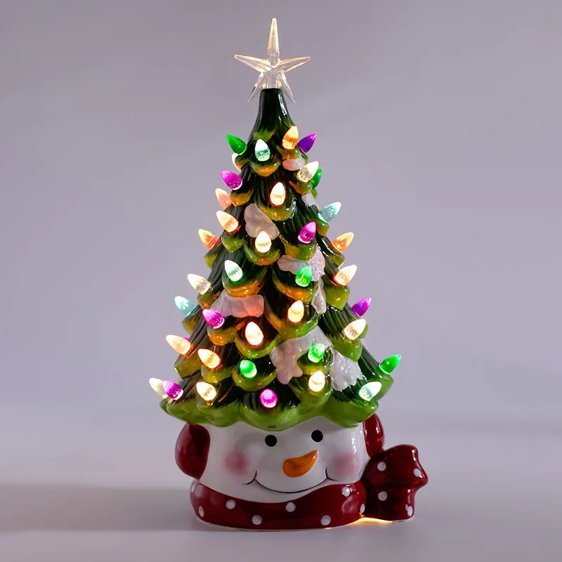 Customized 2021 table decoration LED lighting gift snowman ceramic Christmas tree (minimum order of 1000 pieces)