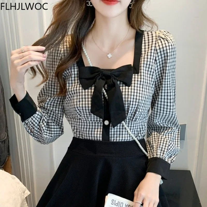 Cute Sweet Bow Tie Tops Square Neck Retro Vintage Plaid Shirts 2021 Women Autumn Basic Wear Chic Japan Style Clothes