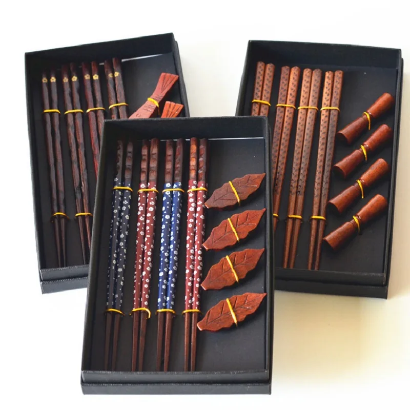 8PCS Housewarming Gift PAck 4 Chopsticks+4 chopsticks Holders Handmade Japanese Natural Wood Chopsticks Set