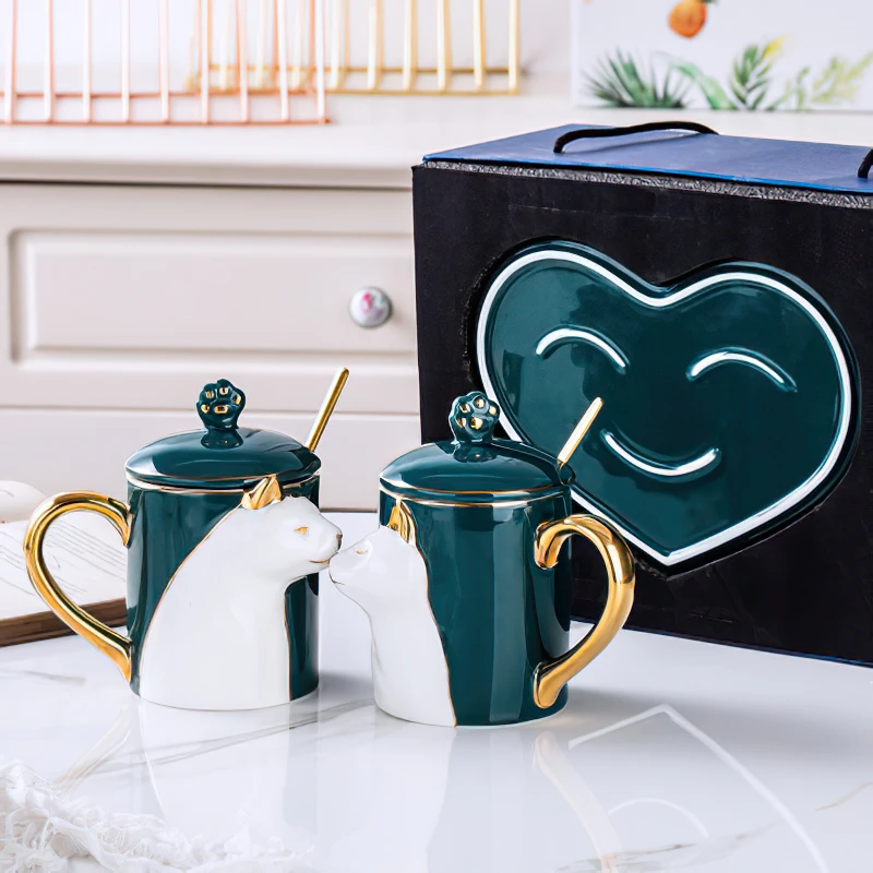 Ceramic Mug Gift Box 1 Pair Nordic Gold Green Relief Cat Couple Cup Heart-shaped Tray Home Kitchen Bar Decoration Drinkware