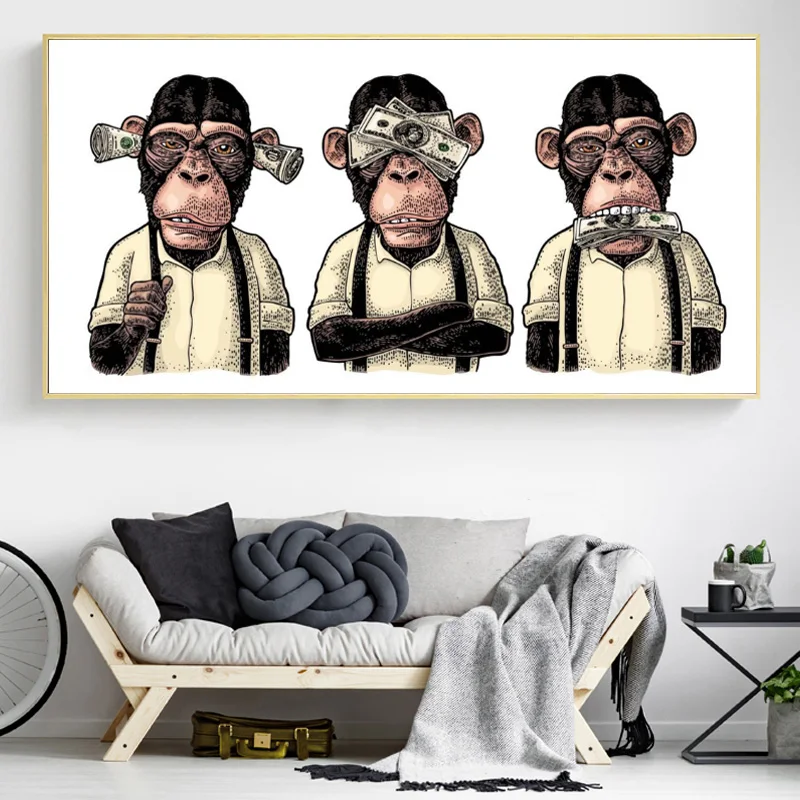 Animal Posters and Prints Abstract Three Monkeys Gorilla with Money Art Canvas Painting Wall Pictures for Living Room Home Decor