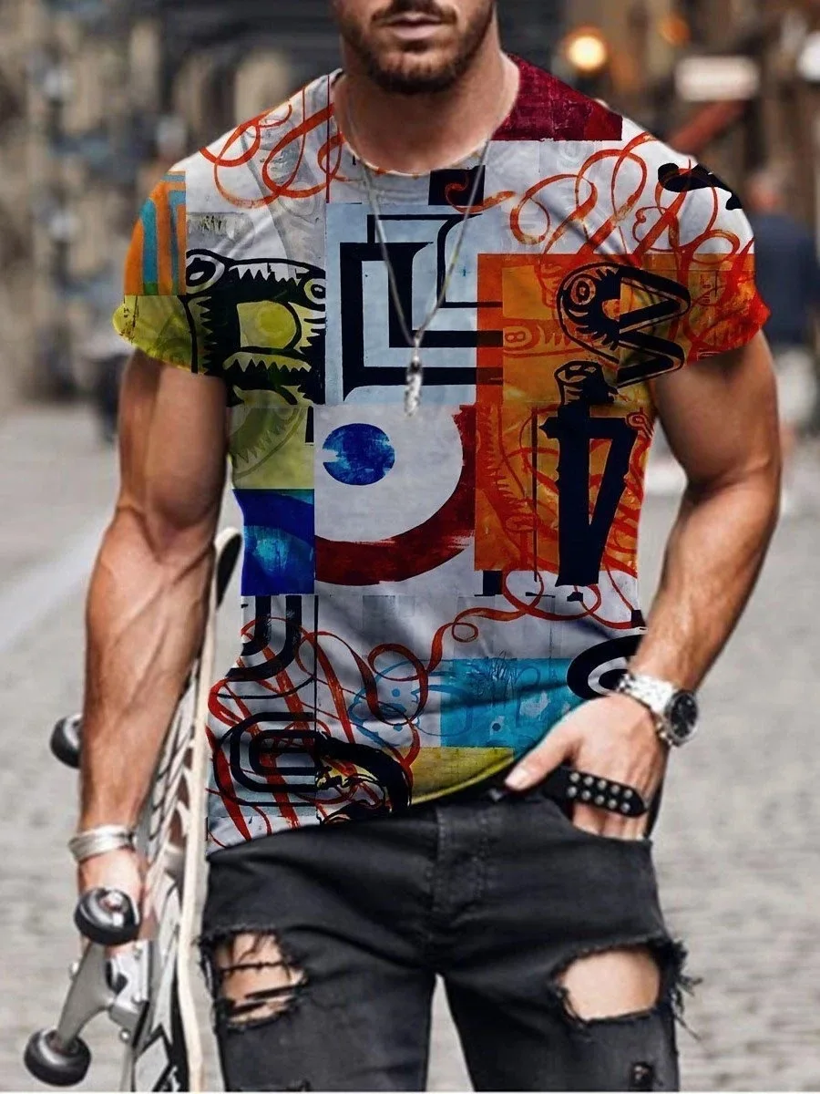 Summer New Men Fashion scrawl Harajuku Printed O Collared Ethnic Style T Shirts Men\'s Oversized Vintage Short Sleeve Tshirts