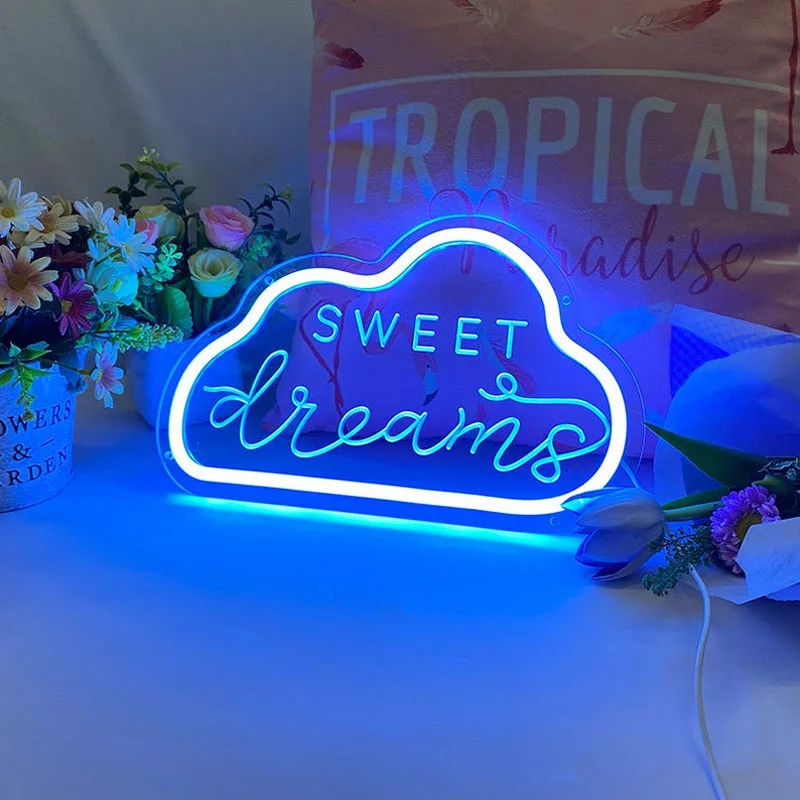 OHANEONK Led Neon Sign Light LED Sweet Dreams Cloud Holiday Birthday Festival Bedroom Decorations Gift