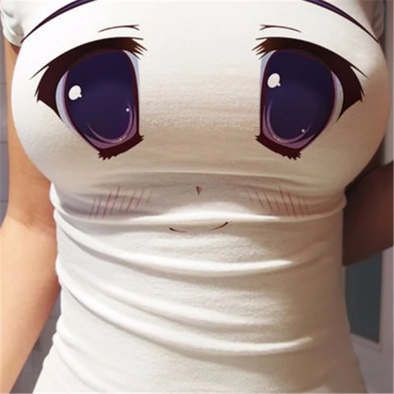 Women Funny 3D Eyes Printed T-shirt Sexy Anime Cartoon Cute Expression Straitjacket Short Sleeve T shirts Tops Ladies Slim Tees