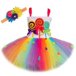 Meninas do bebê arco-íris doce tutu vestido lollipop trajes de halloween para crianças menina candyland festa de princesa vestidos de aniversário outfits