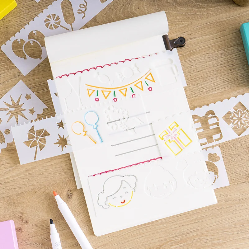 8pcs Rectangular Painting Template Hand Account Multifunctional Hollow Lace Ruler Coloring Template Children Hand Copy