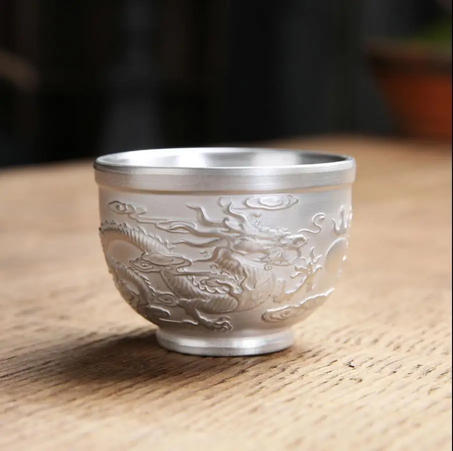 Silver Water Cup Luxury Craftsmanship Dragon Phoenix Teacups Inlaid with Silver Tea Cup Artwork Home Drinkware E11610