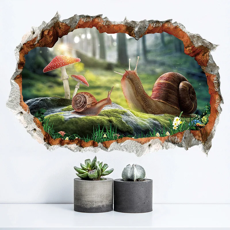 3D decoration broken wall snail home decoration sticker bedroom living room background pvc wallpaper forest mushroom snail decal