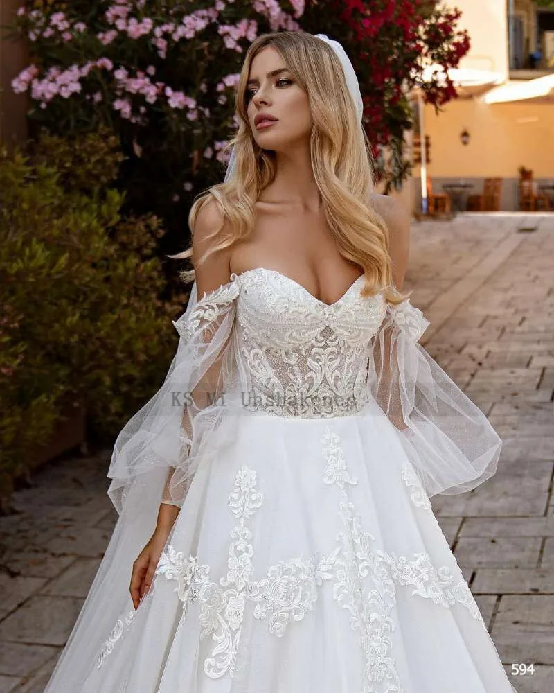 Vintage Prinses Trouwjurken 2022 Bladerdeeg Lange Mouw Kant Bruid Jurk Robe De Mariage Sweetheart Kerk Bruidsjurken Corset