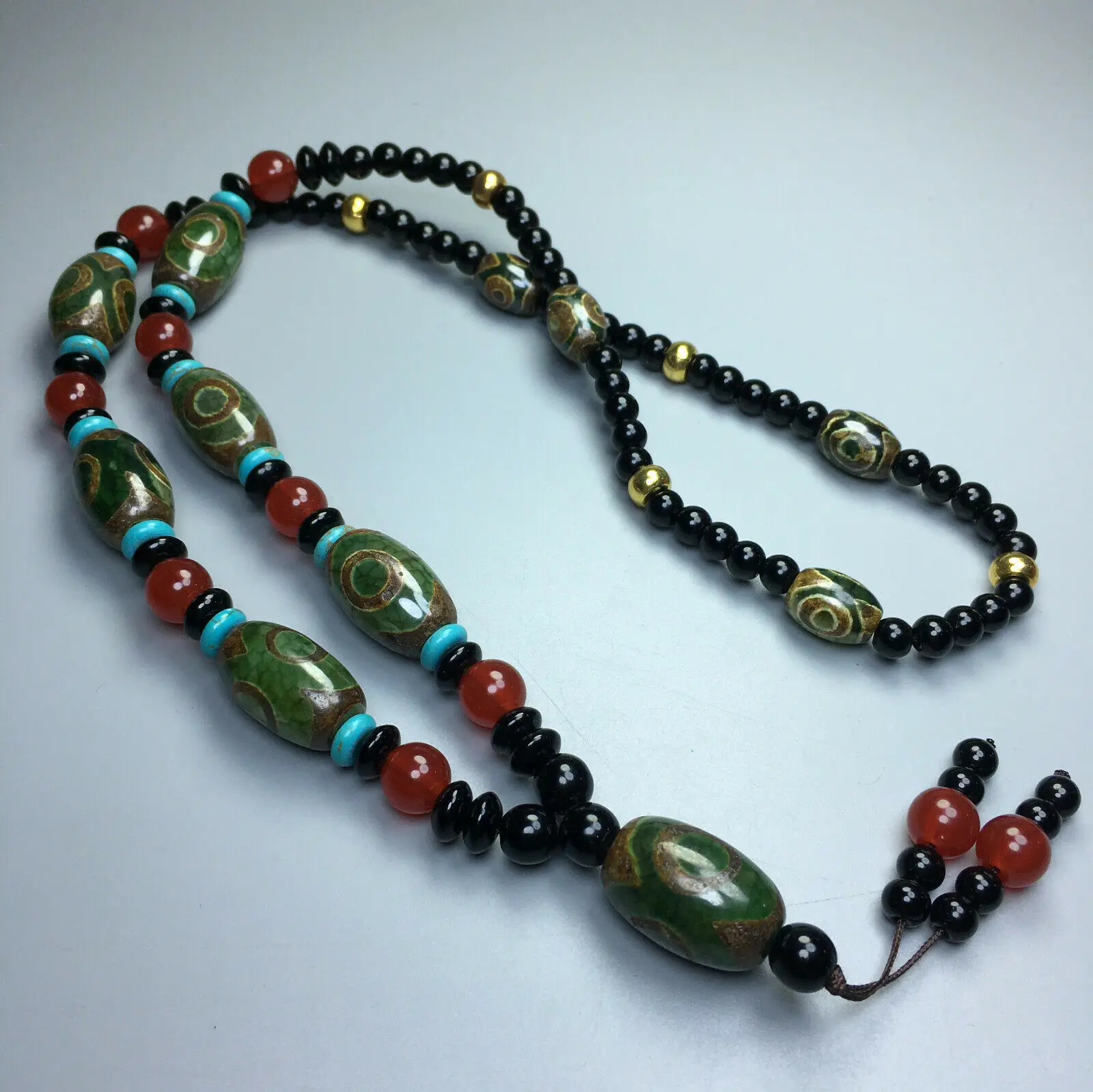 Tibetan old agate green Three Eyes Old Dzi Bead pendant Necklace