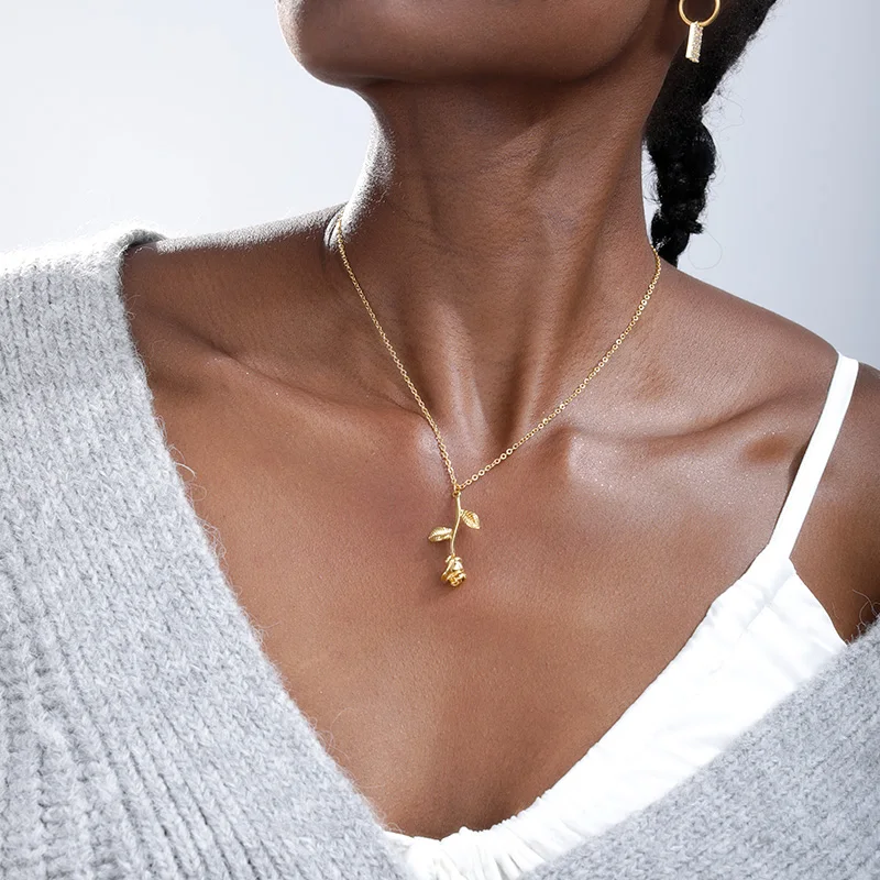Rose Flower Pendant Necklace Stainless Steel Long Chain Collier Pink Rose Flower Statement Necklace Women Jewelry Valentine Gift