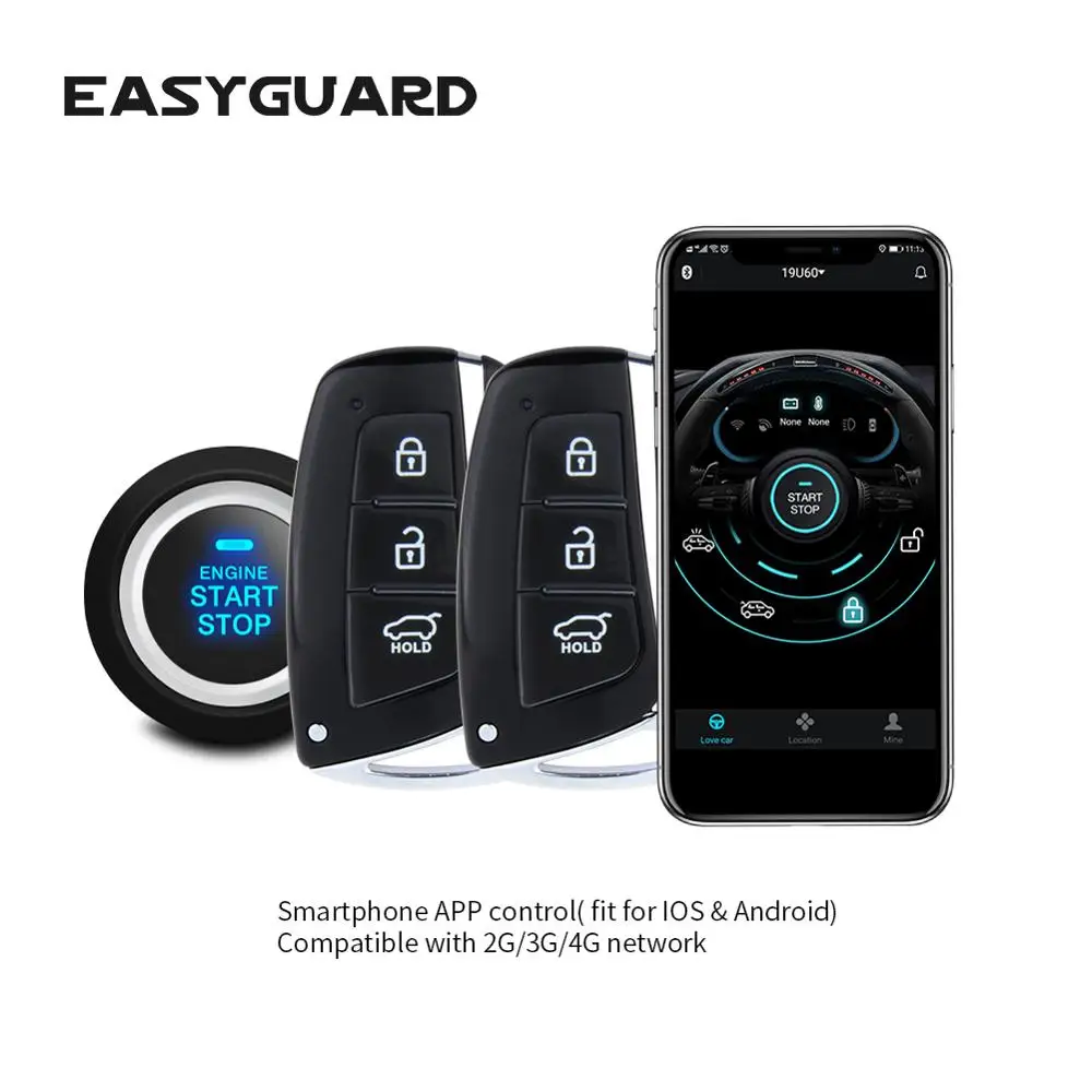 EASYGUARD Smartphone APP IOS Android 4G 3G 2G PKE Keyless Entry Engine Start Stop Remote Start GSM Security Alarm GPS Tracker