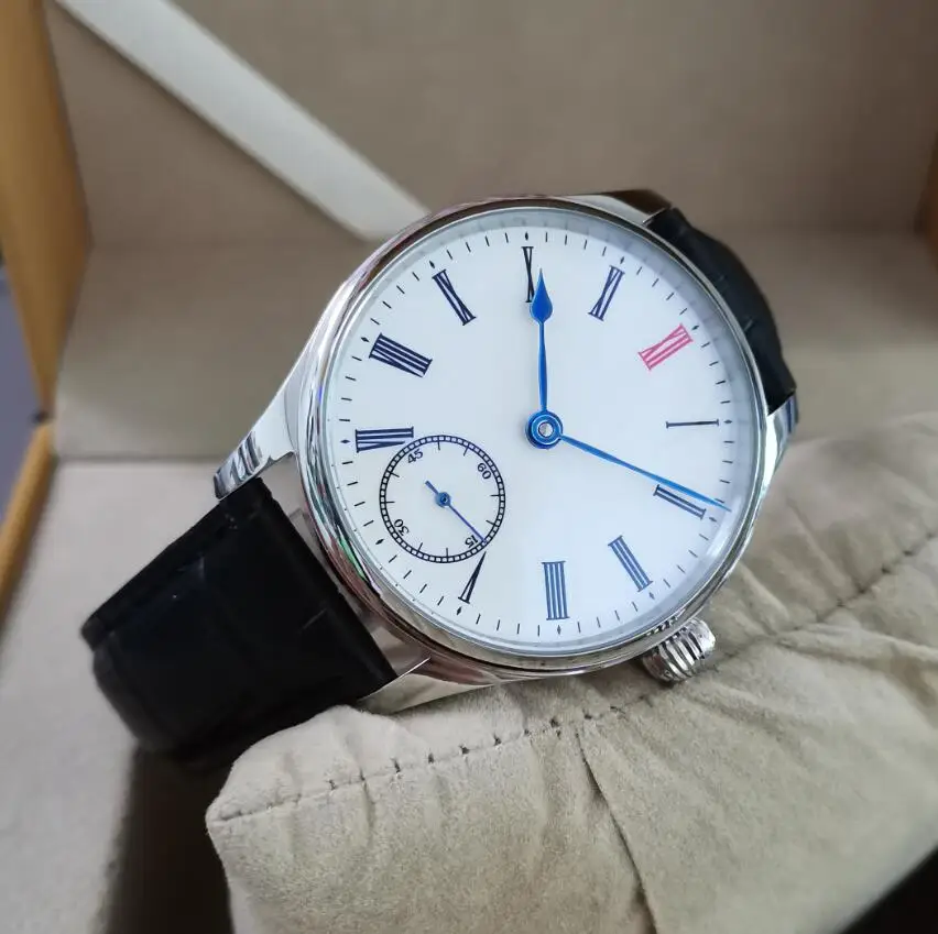 GEERVO No logo 41mm orologio meccanico manuale da uomo quadrante bianco numero romano mano blu ST3621 movimento di seconda mano è alle 6 in punto