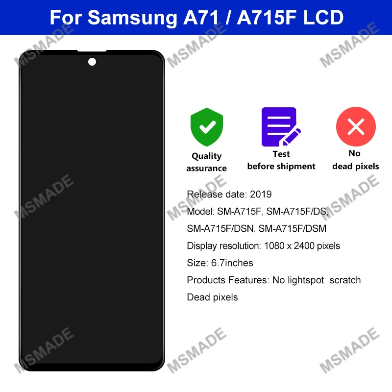 6.7\'\' SUPER AMOLED For Samsung Galaxy A71 LCD Display SM-A715F SM-A715W Screen Touch Digitizer For A71 LCD Replacement Parts