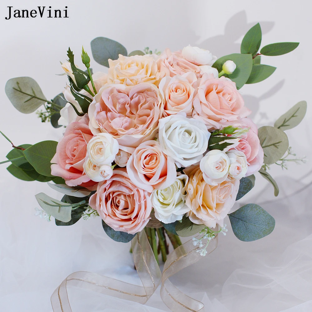 

JaneVini 2021 Elegant Champagne Pink Bridal Bouquets Artificial Silk Roses Flowers Real Touch Wedding Fake Bouquet Accessories