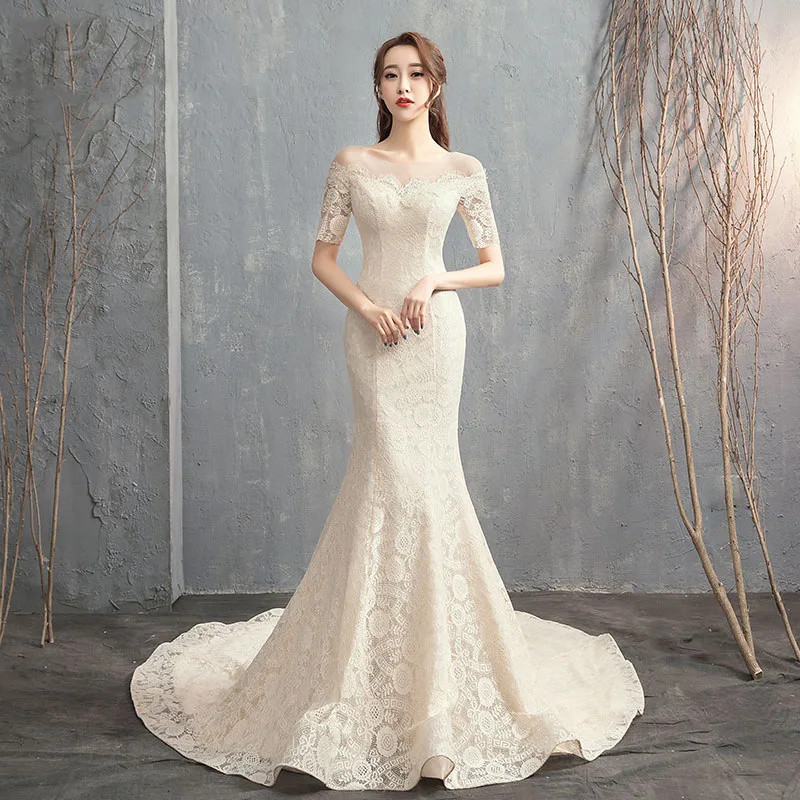 2024 Ezkuntza abito da sposa a sirena manica corta in pizzo con scollo a barchetta spazzola Train Lace Up Wrap abito da sposa semplice