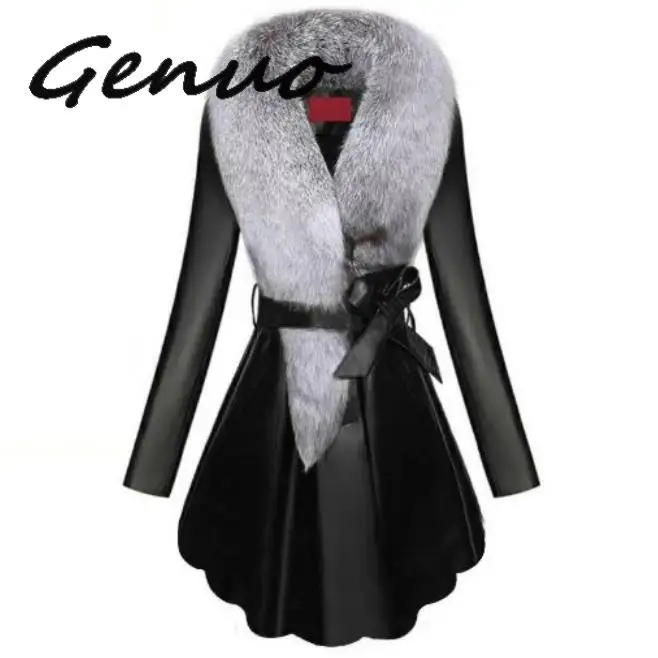 

Genuo New 2019 Overcoat Women's Winter New Coat Long Sleeve Female Jackets PU Leather Jacket Faux Fur Coats