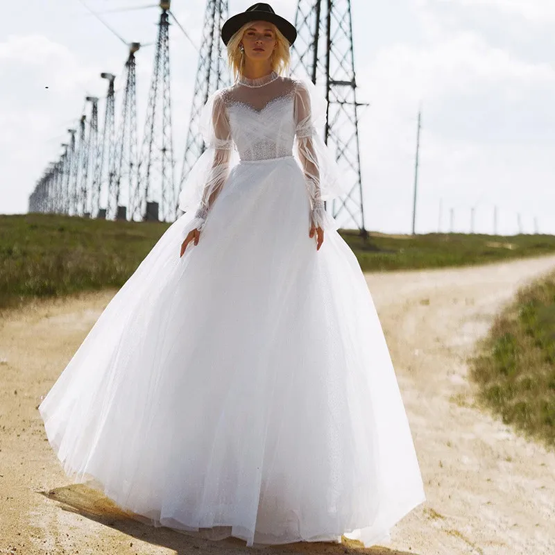 Alta pescoço civil boho vestido de casamento puff manga longa vestidos de noiva do vintage praia vestidos de casamento boêmio pérolas vestido de noite