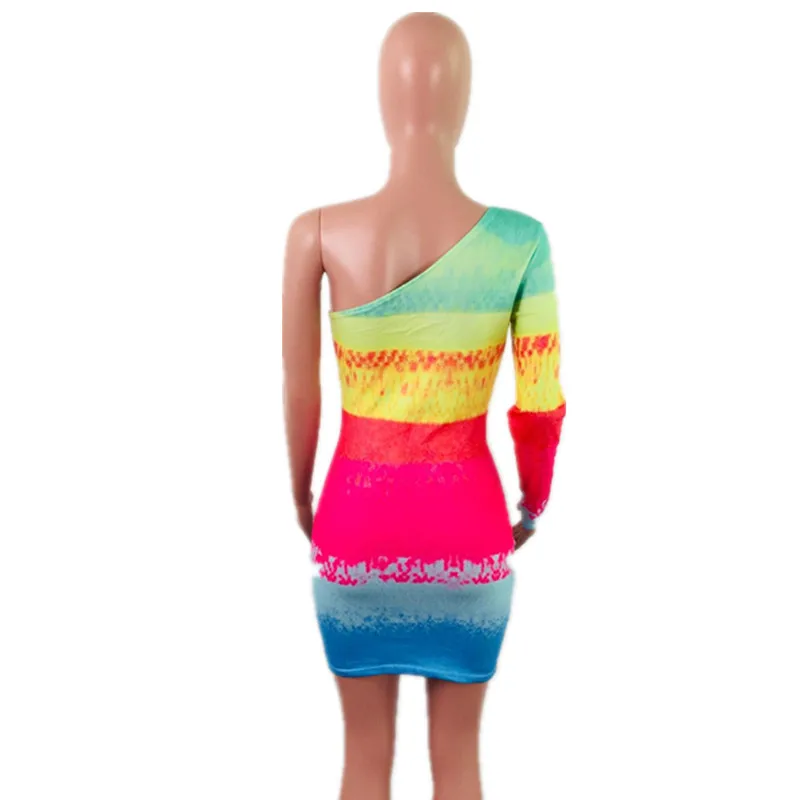 BKLD Frauen Party Kleid Eine Schulter Bodycon Mini Kleid Gradienten Regenbogen Kleid 2025, Herbst Langarm Weibliche Kleider Clubwear