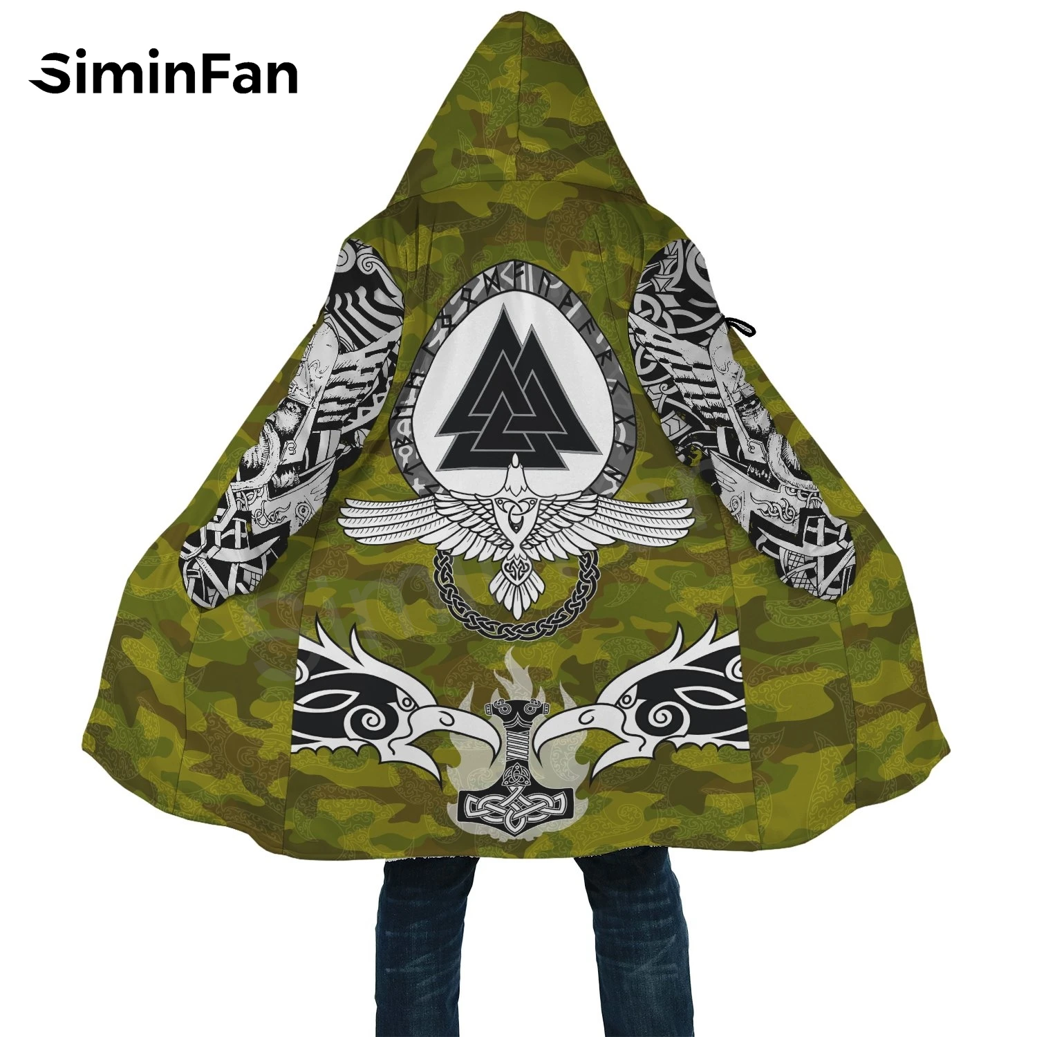 

Winter Mens Hooded Cloak Viking Symbol Tattoo 3D Print Flannel Claw Buckle Coat Unisex Casual Thick Cashmere Warm Cape Jacket 08