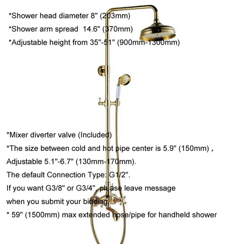 Gold Color Brass Two Cross Handles Wall Mounted Bathroom Rain Shower Head Bath Tub Faucet Set Telephone Shape Hand Spray mgf451