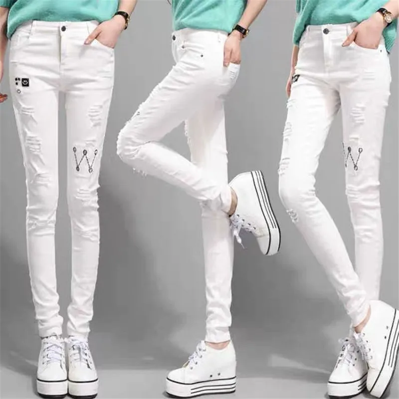 Summer Spring Women White Denim Jeans Korean Fashion Slim Stretched Hole Jeans Pencil Pants Capris Cowboy Trousers Black Y78