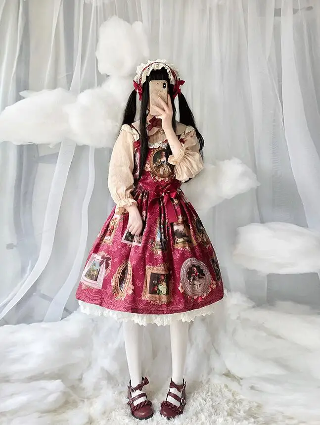 Sweet Lolita Vintage Falbala Bowknot น่ารักพิมพ์สูงเอวเจ้าหญิงชุดวิคตอเรีย Kawaii สาว Gothic Lolita Cos Loli