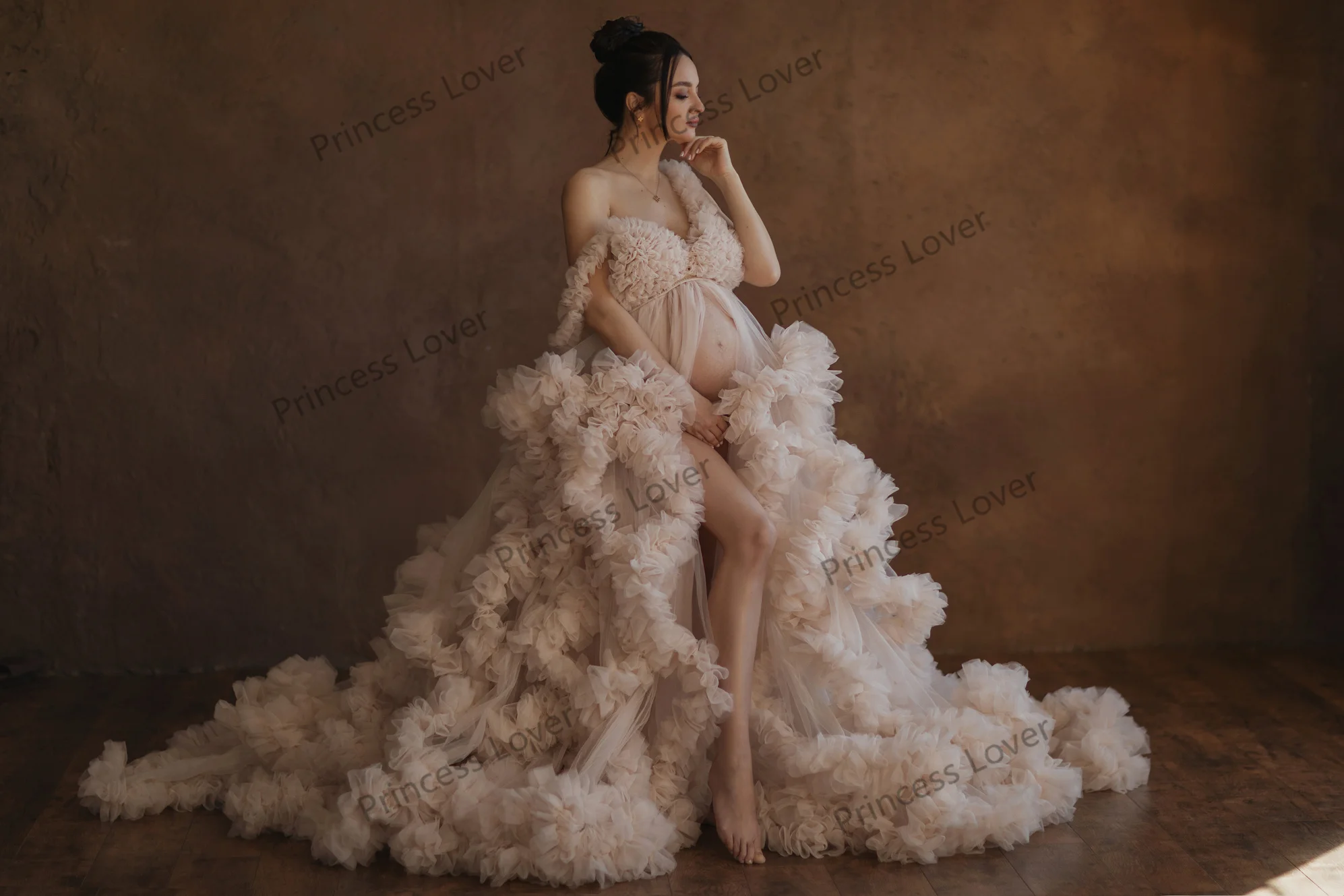 Maternity Dresses for Women Photography Props Bridal Robe платье для беременных Tulle Ruffles Wrap Fluffy Baby Shower Gown