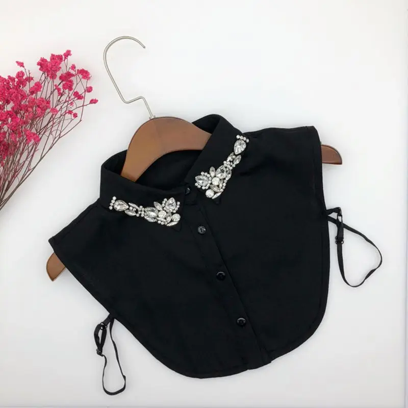 Ladies Women Water Drop Imitation Crystal Chiffon Fake Collars Jewelry Rhinestone Lapel Detachable Button Down Half-Shirt Blouse